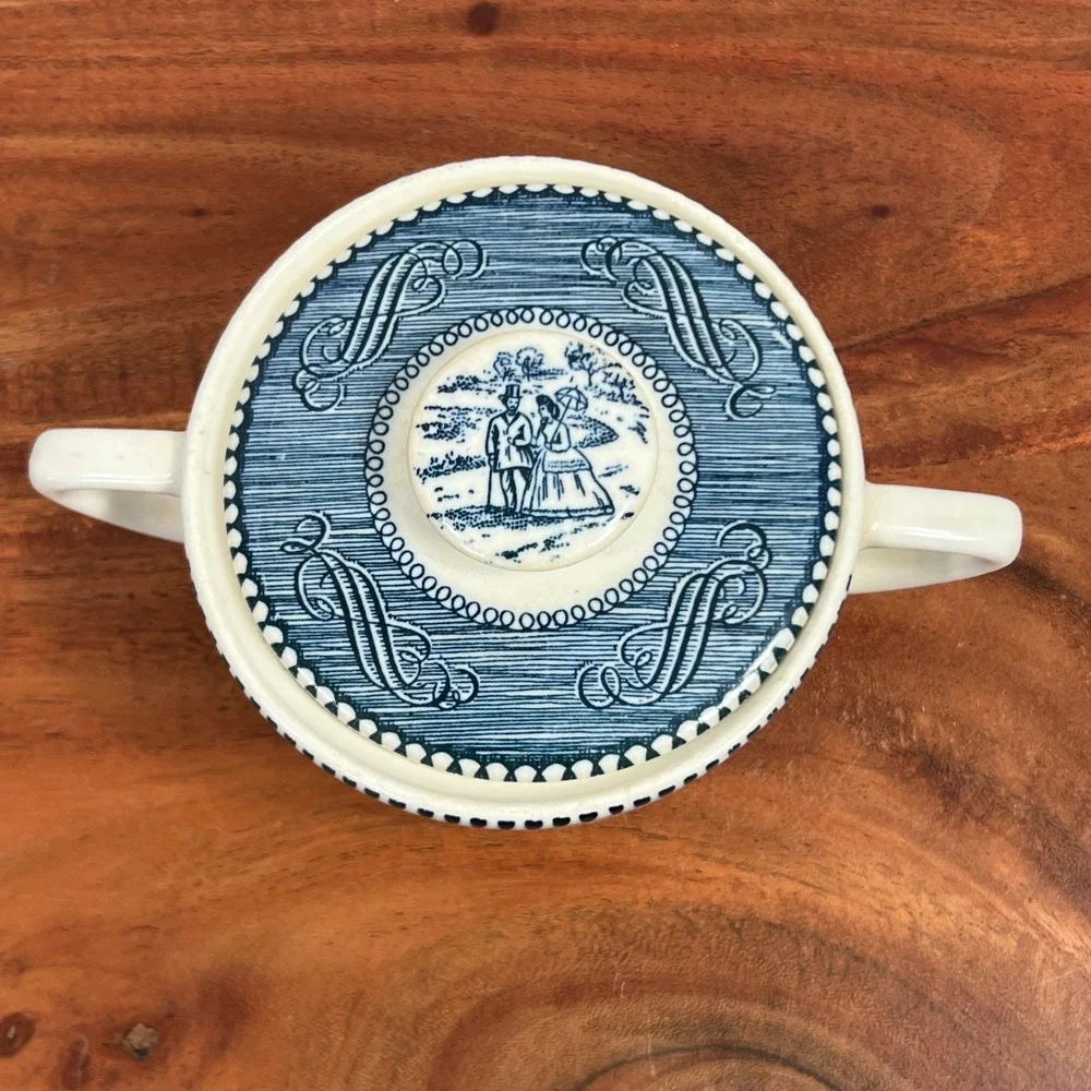Vintage Currier & Ives Blue Steamboat Sugar Bowl with Lid Ceramic Transferware